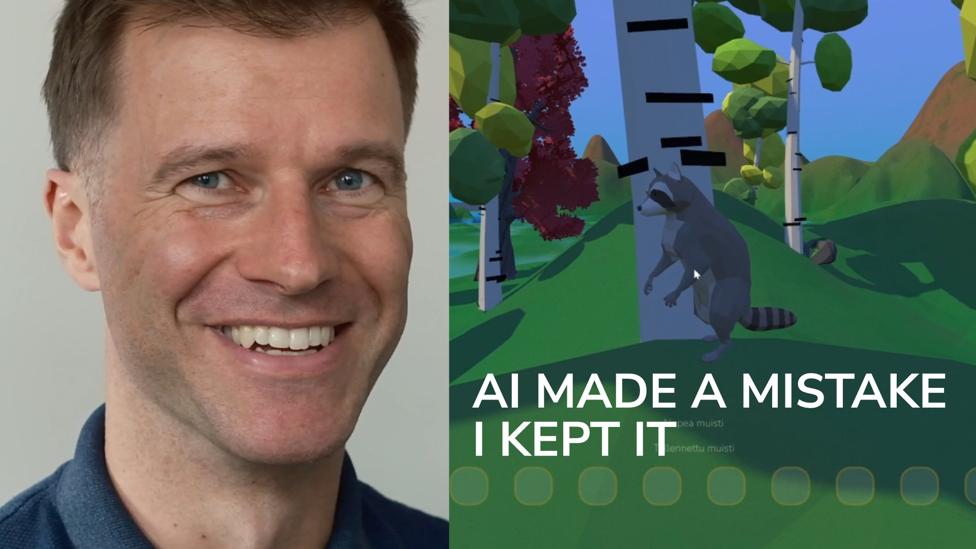 Split image: Konstantin Nikkari on the left, a low-poly birch tree with flat black bark plates on the right