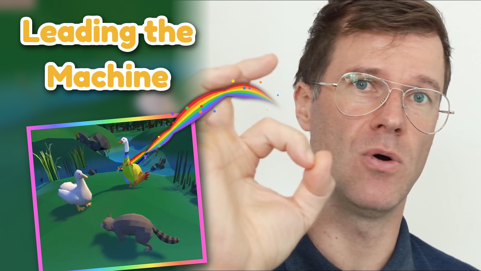 Konstantin holding a rainbow ribbon that flies out of a goose in his game Save the Dutch